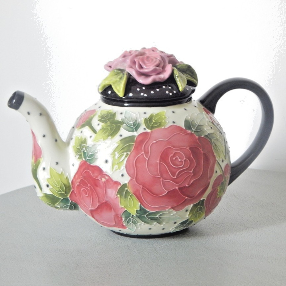 Blue Sky Clayworks Icing on the Cake Rose Ceramic Teapot Floral 3D Finish NEW